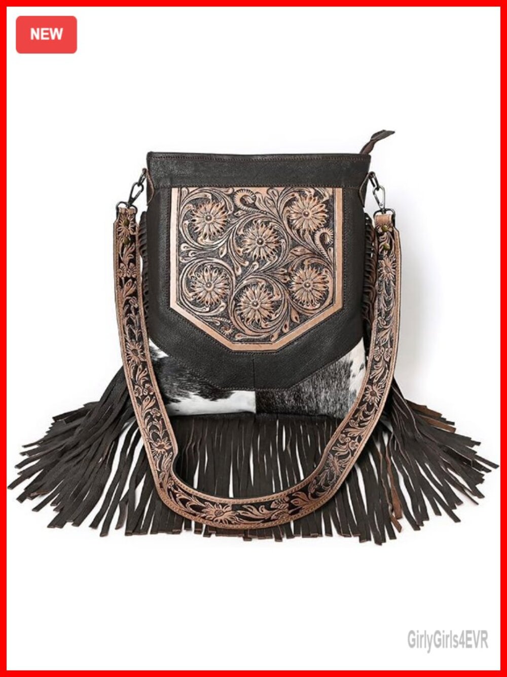 Genuine Cowhide Leather Fringe Crossbody Shoulder Bag Hand Tooled Floral